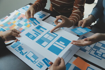 ux Graphic designer creative sketch planning application process development prototype wireframe for web mobile phone . User experience concept.