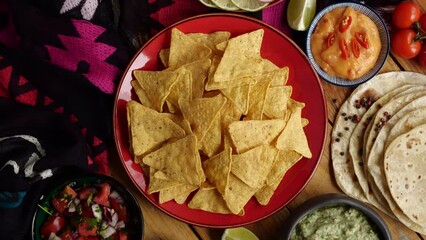 Wall Mural - Tortilla Chips, Guacamole, Salsa Appetizer Platter. Mexican party Generative AI