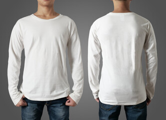 Blank long sleeved shirt mock up template, front and back view, Asian tennage man wear plain white t-shirt isolated. Tee design mockup presentation