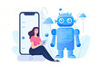 Chat GPT Artificial Intelligence chat bot by Open AI, cartoon style, talking to women message bubble