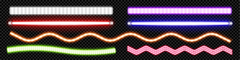 Wall Mural - Led neon tube lamp vector glow line party wave stripe in blue, pink, green and orange. Isolated 3d realistic bulb string for wall decoration on Christmas collection. Bright ultraviolet electric pack