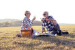 © pucko_ns - Senior couple enjoying a delightful picnic. The couple has a relaxed and contented expression  as they share a bottle of wine and a delicious spread of food.