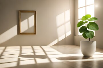 Blank beige brown empty room with plant, art frame, soft beautiful dappled sunlight, leaf shadow on white wall