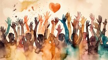 Group Of Diverse People With Arms And Hands Raised Towards Hand Painted Hearts. Charity Donation, Volunteer Work, Support, Assistance. Multicultural Community. People Diversity. Generative AI 