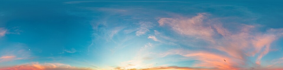Wall Mural - Sunset sky panorama with bright glowing pink Cirrus clouds. HDR 360 seamless spherical panorama. Full zenith or sky dome for 3D visualization, sky replacement for aerial drone panoramas.