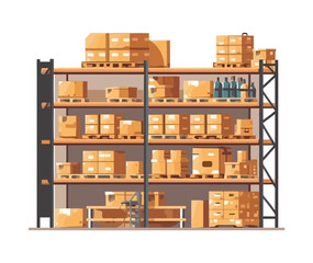 Sticker - Stacked cardboard boxes on warehouse shelf vector Generative AI