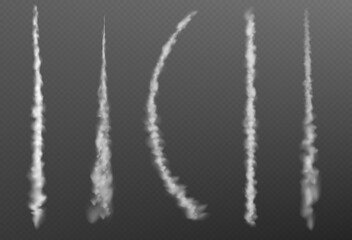 Wall Mural - Plain smoke trail effect. Jet vector white contrail line on transparent background. 3d airplane flight speed vapor steam. Realistic aircraft tail flow motion texture. Gas burst curve path trace