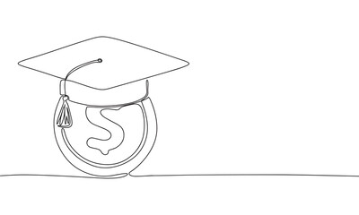 Wall Mural - Graduation cap on coin, one line continuous illustration. Line art graduation, cost education vector.