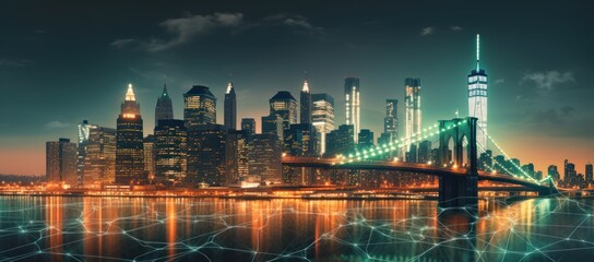 Wall Mural - New York City panorama with Brooklyn Bridge and Manhattan skyline at night, Generative AI illustration.