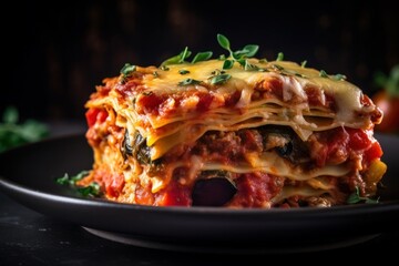 vegetarian lasagna filled with colorful roasted vegetables, tomato sauce, and cheese