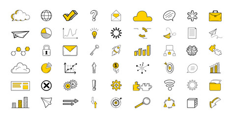 Marketing and management office icons collection. Hand drawn symbols in doodle style in yellow color. Business chat elements concept. Set of financial infographic buttons for web. Vector Generative AI