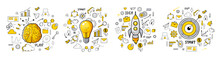 Creativity And Innovation Doodle Icons Collection. Hand Drawn Yellow Color Clip Art. Good Idea, Business Start Up Concept. Success Management Set Of Elements For Finance Growthing. Generative AI