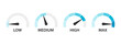 © StudioGraphic - Set of speed performance gauges. Gas tank gauge. Oil level bar. Risk meter. Satisfaction meter. Speedometer scale. Set of gauges from low to high. Speed Logo. Speedometer. Vector illustration