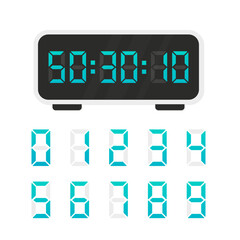 Digital clock numbers. Flat electronic clock screen, modern white alarm time display, timer font with hours, minutes and seconds. Countdown timer. Interface for electronic devices. Vector illustration