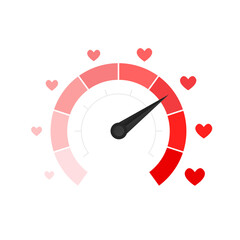 Love meter heart indicator. Love day full test valentine background card progress. Speed Logo. Meter of love. Speedometer with measure feelings and romance. Vector illustration