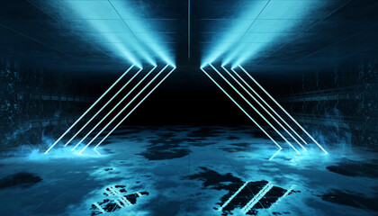 Aufkleber - Cyber neon laser Interior. Garage room hangar with sci fi glowing blue tubes. Futuristic dark tunnel warehouse with metal panels wall lighted. Construction corridor 3d Rendering