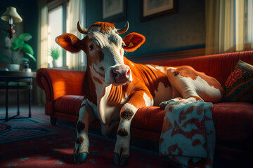 Strange picture of a farm red cow lies on a leather sofa in the house's living room. The concept of large pets in the apartment, inconvenience, discomfort. Geneartive AI.