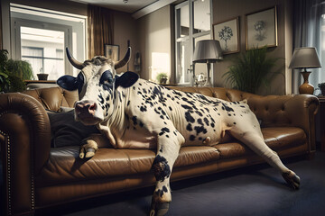 Strange picture of a farm spotted cow lies on a leather sofa in the house's living room. The concept of large pets in the apartment, inconvenience, discomfort. Geneartive AI.