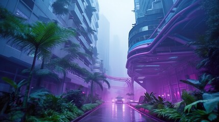 Cyberpunk Future Wallpaper. Foggy evening street. Futuristic concept. Blue pink violet Evening urban landscape. Generative AI illustration.