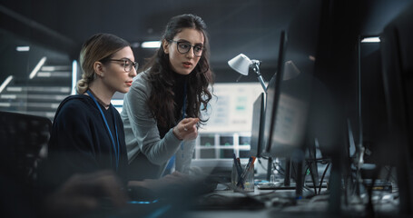 young multiethnic female software developer working on computer, discussing project with team leader