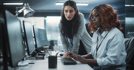 Leinwandbilder - Two Diverse Colleagues Having a Conversation While Busy Working on a Team Project. African Female Designer Talking with a Project Manager. Teamwork in Technology Laboratory