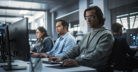 Aufkleber - Group of Multicultural South Asian Men and Women Working in a Research Center, Collaborating and Discussing a Project, Using Computers to Write Software Code, Develop Artificial Intelligence Service