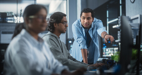 Aufkleber - Portrait of a Team of Talented Young Indian Professionals Working in a Technological Research and Development Agency. Computer Screens with Software Code and Technical Neural Network Diagrams