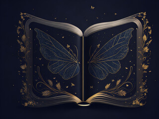 Wall Mural - Vintage book with butterfly and floral ornament on dark background. AI generated.