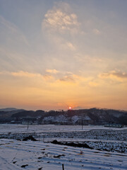 Poster - Rural winter landscape at sunset