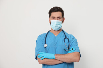 Poster - Nurse with medical mask and stethoscope on white background