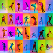 Leinwandbild Motiv Collage made of different young people expressively dancing hip-hop against multicolored background in neon light. Concept of contemporary dance style, youth, hobby, action and motion