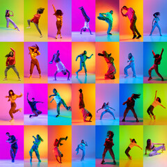 collage made of different young people expressively dancing hip-hop against multicolored background 