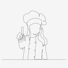 Continuous one line design of a girl chef giving thumbs up. Cute cooking art character. Minimalist style vector illustration on white background.