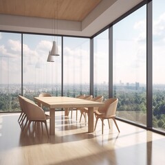 Poster - wooden and glass meeting room interior with furniture and window with city view reflections. generative AI