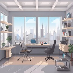 Sticker - Modern meeting room office interior with window and city view, bookcase, lamps, wooden flooring, furniture. generative ai