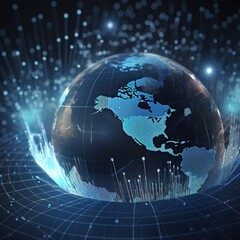 Wall Mural - International trading and stock market analytics concept on a world map globe with digital increasing financial chart graphs and stats indicators. generative ai