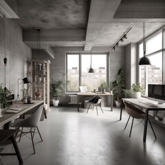 Poster - Interior design of a minimalist concrete coworking workspace. generative ai