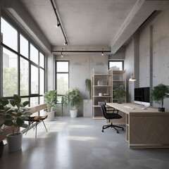 Poster - Minimalist concrete coworking office interior. generative ai