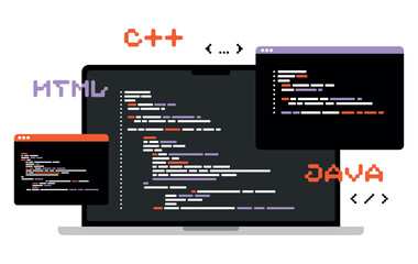 concept of computer programming or developing software or game. vector flat illustration with coding