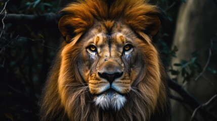 Wall Mural - a close - up of a lion, with intense eyes and bold colors against a dark forest background, generati