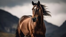  A Dramatic Portrait Of A Horse, With A Sense Of Movement And Energy Against A Blurred Mountain Backdrop.  Generative Ai