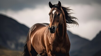  A dramatic portrait of a horse, with a sense of movement and energy against a blurred mountain backdrop.  generative ai