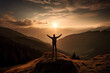 A man stands on a hill with his arms raised in the air, with the sun setting behind him. AI generation