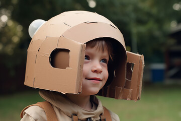 Wall Mural - A portrait of a child wearing a homemade astronaut space helmet. Childhood ambition concept. Generative ai Generative AI