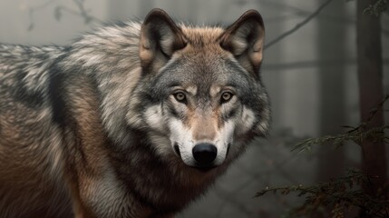 Wall Mural - a powerful image of a wolf, with piercing eyes and a sense of wildness against a misty forest backdr