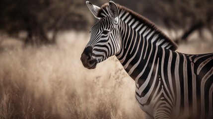 Wall Mural - a powerful portrait of a zebra, with bold stripes and a sense of strength against a muted savannah l