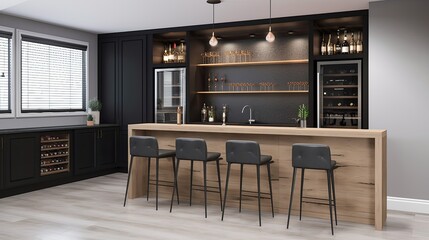 Wall Mural -  A stylish and contemporary home bar with a built - in wine fridge, comfortable seating, and plenty of storage. generative ai