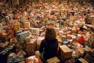 Wall Mural - Kid in a room full to the brim of presents, generative ai