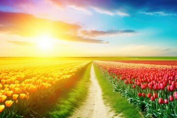 Poster - colorful flower field with a golden sun setting in the background. Generative AI Generative AI