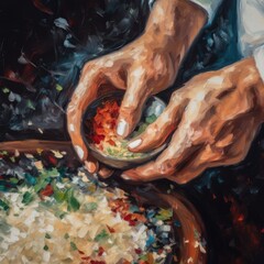 Sticker - A painting of a person preparing food on a table. AI generative image.